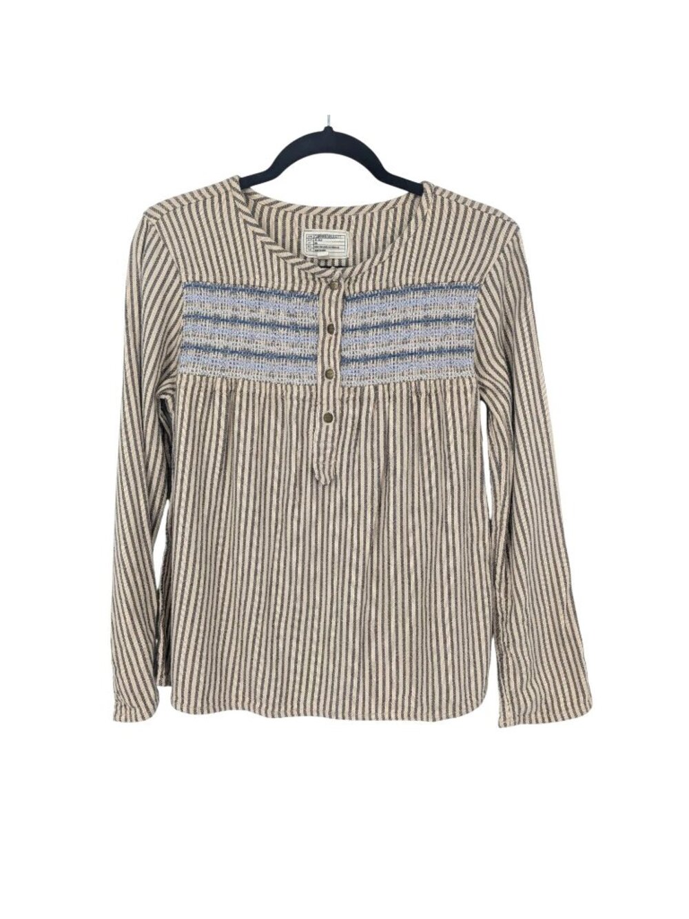 Current/Elliott Stripe Peasant Top Smocked Yoke Boho Coastal Folk Long‎ Sleeve 0